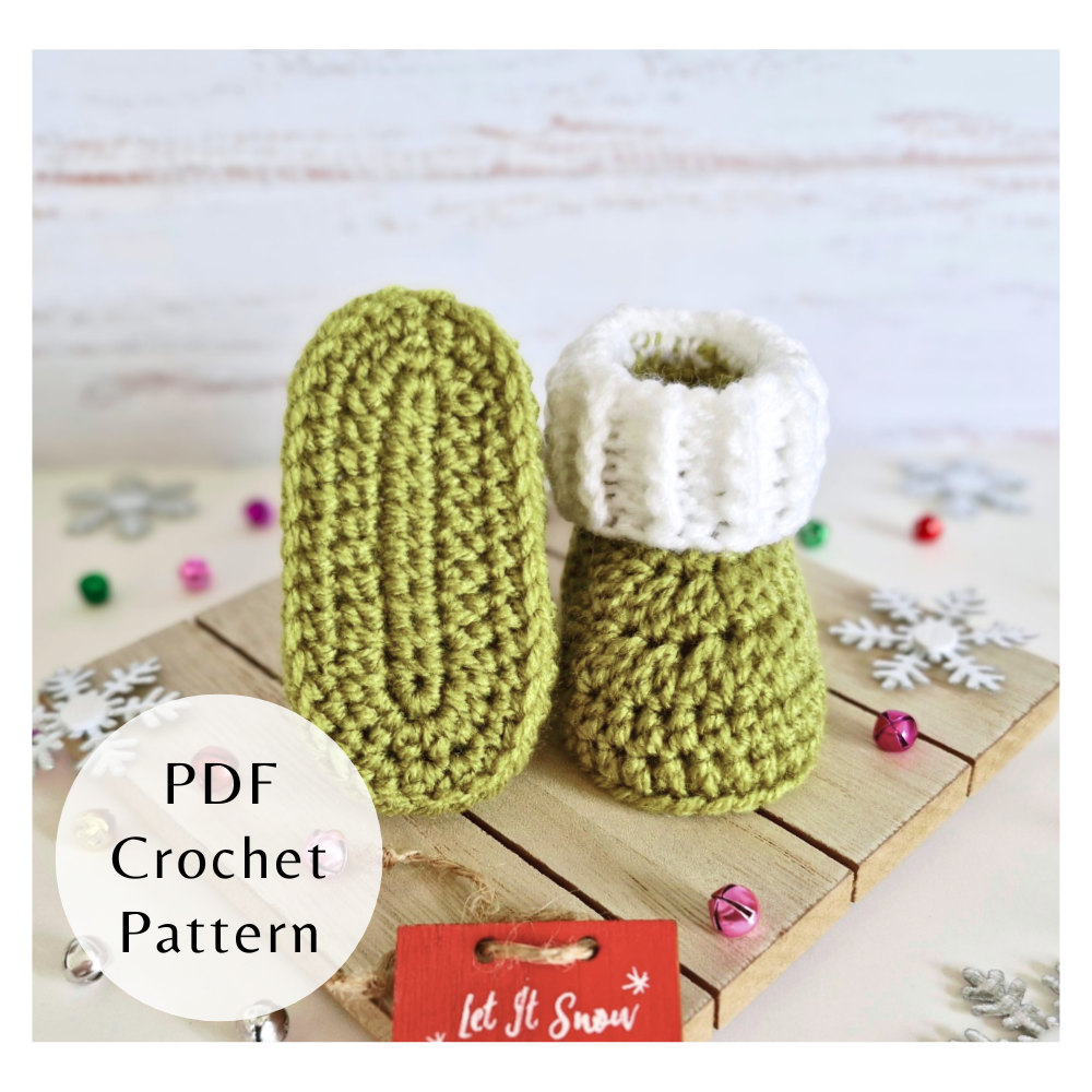 Handmade PDF Crochet Pattern Baby Booties With Ridged Cuff (Instant Download) – PDF pattern crafted in soft acrylic yarn and available in multiple colours by Twisted by the Sea.