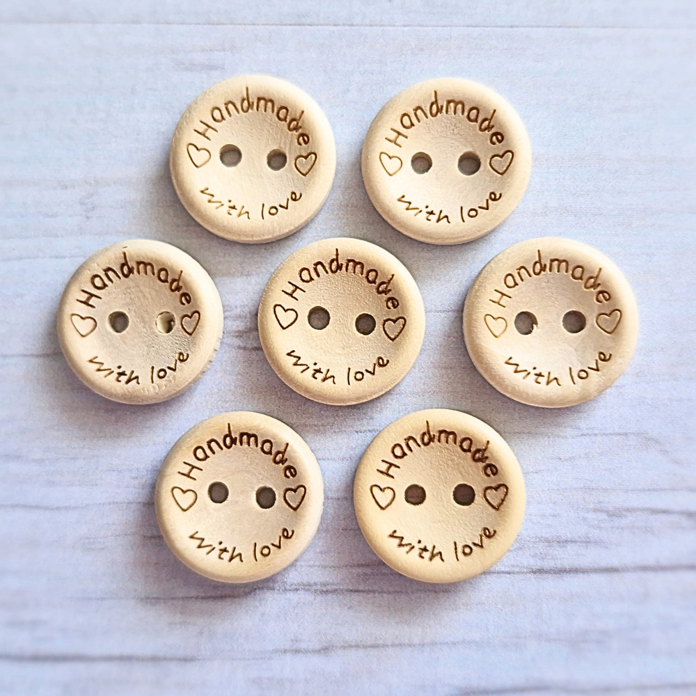 Handmade Handmade With Love Wooden Buttons – 15mm Natural Craft Buttons – Pack of 10, 25 or 50 for Sewing, Knitting, Crochet – Buttons crafted in soft acrylic yarn and available in multiple colours by Twisted by the Sea.