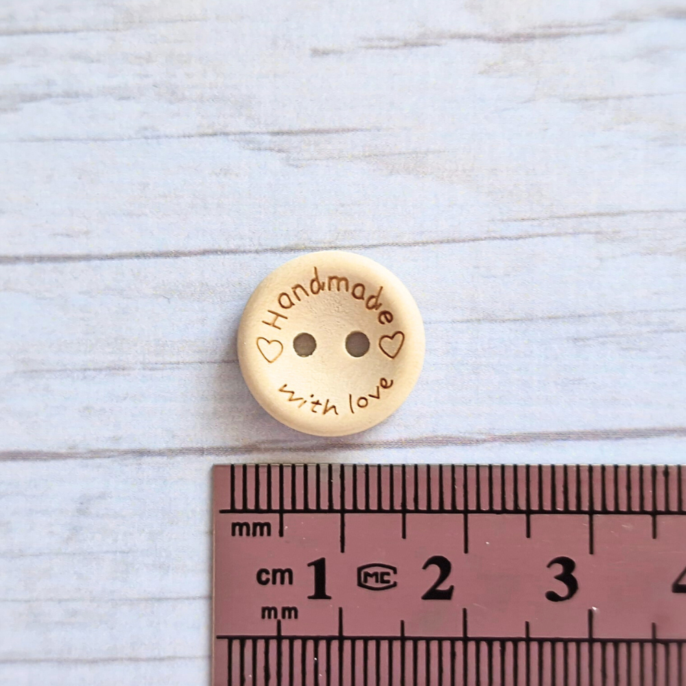 Handmade Handmade With Love Wooden Buttons – 15mm Natural Craft Buttons – Pack of 10, 25 or 50 for Sewing, Knitting, Crochet – Buttons crafted in soft acrylic yarn and available in multiple colours by Twisted by the Sea.