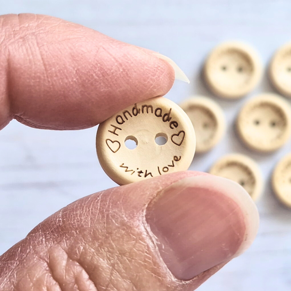 Handmade Handmade With Love Wooden Buttons – 15mm Natural Craft Buttons – Pack of 10, 25 or 50 for Sewing, Knitting, Crochet – Buttons crafted in soft acrylic yarn and available in multiple colours by Twisted by the Sea.