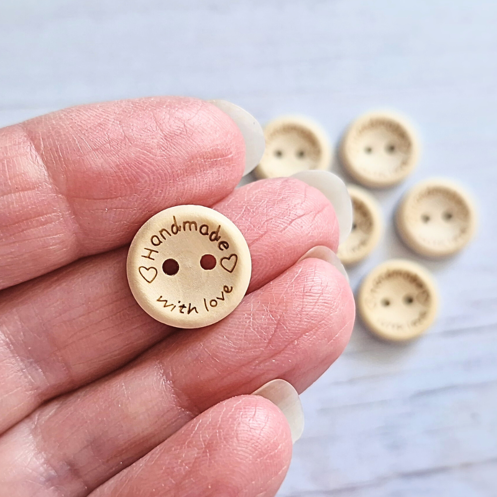 Handmade Handmade With Love Wooden Buttons – 15mm Natural Craft Buttons – Pack of 10, 25 or 50 for Sewing, Knitting, Crochet – Buttons crafted in soft acrylic yarn and available in multiple colours by Twisted by the Sea.