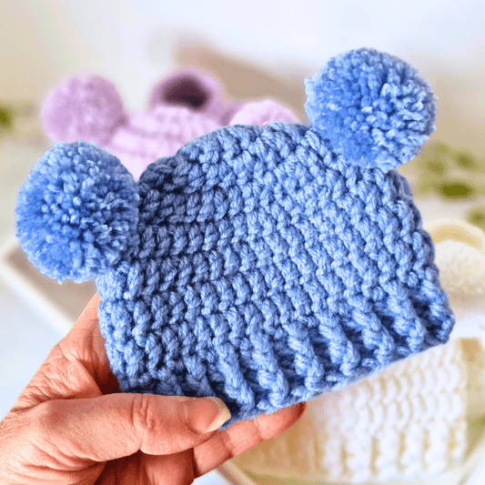 Handmade Crochet Double Pom Pom Baby Hat – Newborn to 12 Months - Twisted by the Sea