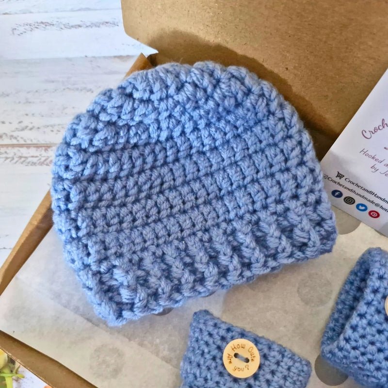 Handmade Crochet Baby Gift Set – Beanie Hat & Booties with Cute Button Detail (Newborn to 6 Months) - Twisted by the Sea