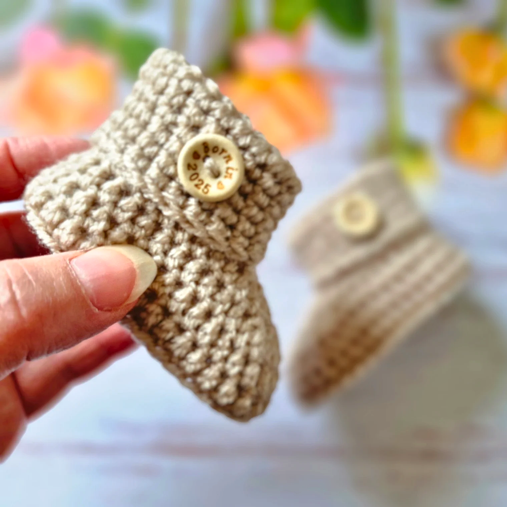Handmade Born In 2025 Wooden Buttons – 15mm Natural Craft Buttons – Pack of 10, for Sewing, Knitting, Crochet – Buttons crafted in soft acrylic yarn and available in multiple colours by Twisted by the Sea.