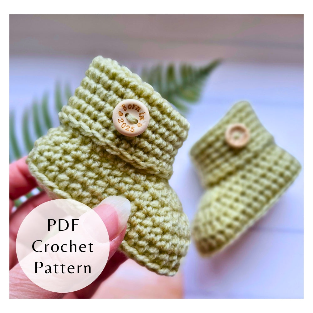Handmade PDF Crochet Pattern – Baby Booties with Buttons (Instant Download) – PDF pattern crafted in soft acrylic yarn and available in multiple colours by Twisted by the Sea.