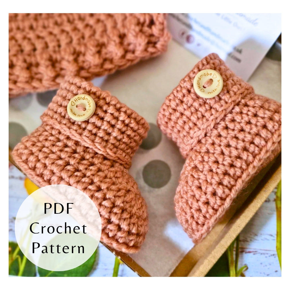 Handmade PDF Crochet Pattern – Baby Booties with Buttons (Instant Download) – PDF pattern crafted in soft acrylic yarn and available in multiple colours by Twisted by the Sea.