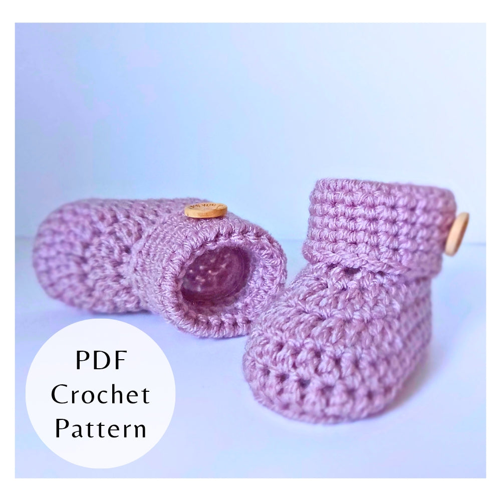 Handmade PDF Crochet Pattern – Baby Booties with Buttons (Instant Download) – PDF pattern crafted in soft acrylic yarn and available in multiple colours by Twisted by the Sea.