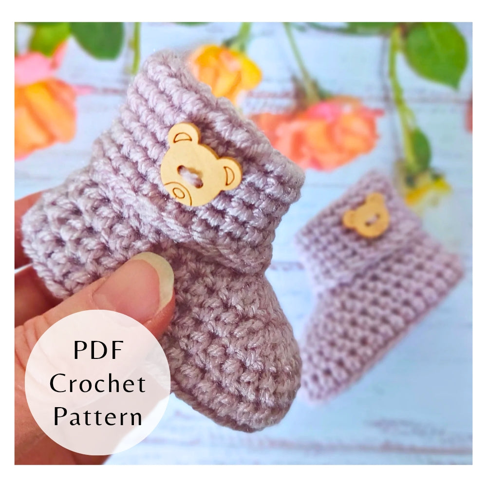 Handmade PDF Crochet Pattern – Baby Booties with Buttons (Instant Download) – PDF pattern crafted in soft acrylic yarn and available in multiple colours by Twisted by the Sea.