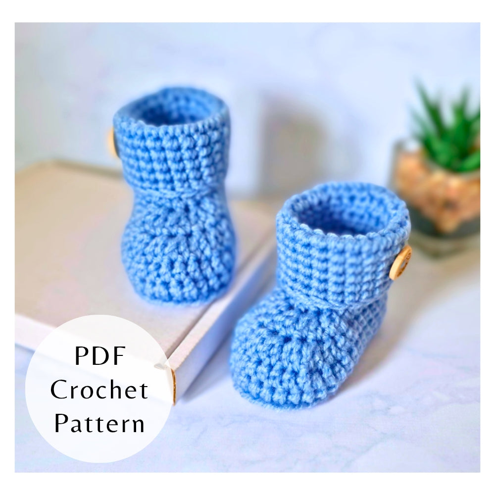 Handmade PDF Crochet Pattern – Baby Booties with Buttons (Instant Download) – PDF pattern crafted in soft acrylic yarn and available in multiple colours by Twisted by the Sea.