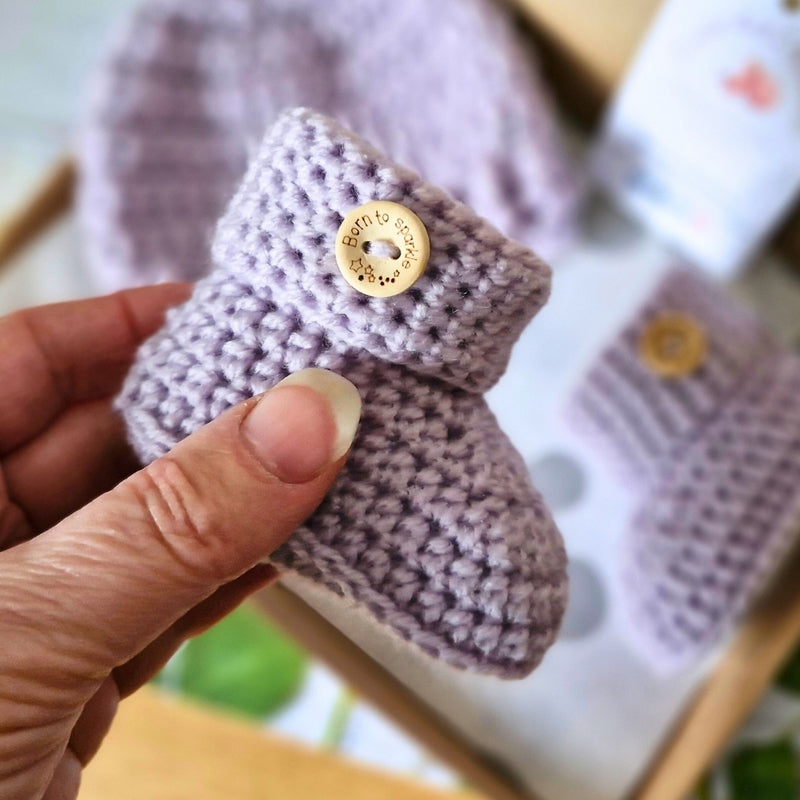 Handmade Newborn Gift Idea – ‘Born to Sparkle’ Crochet Baby Booties – Baby Booties crafted in soft acrylic yarn and available in multiple colours by Twisted by the Sea.