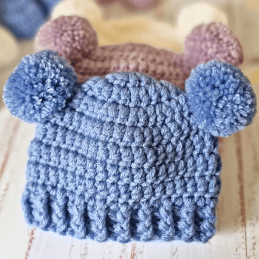 Handmade Crochet Double Pom Pom Baby Hat – Newborn to 12 Months - Twisted by the Sea