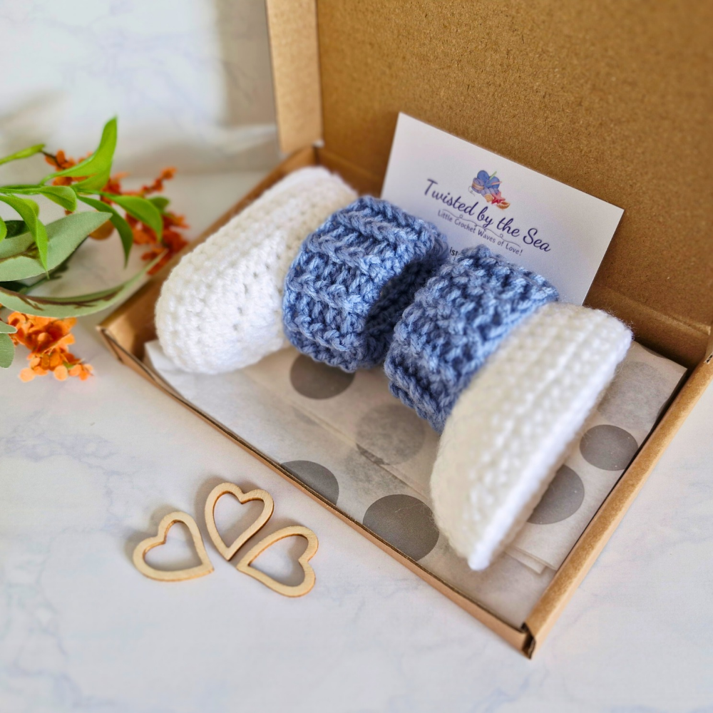Handmade Crochet Cuffed Baby Booties – Newborn to 6 Months – Baby Booties crafted in soft acrylic yarn and available in multiple colours by Twisted by the Sea.