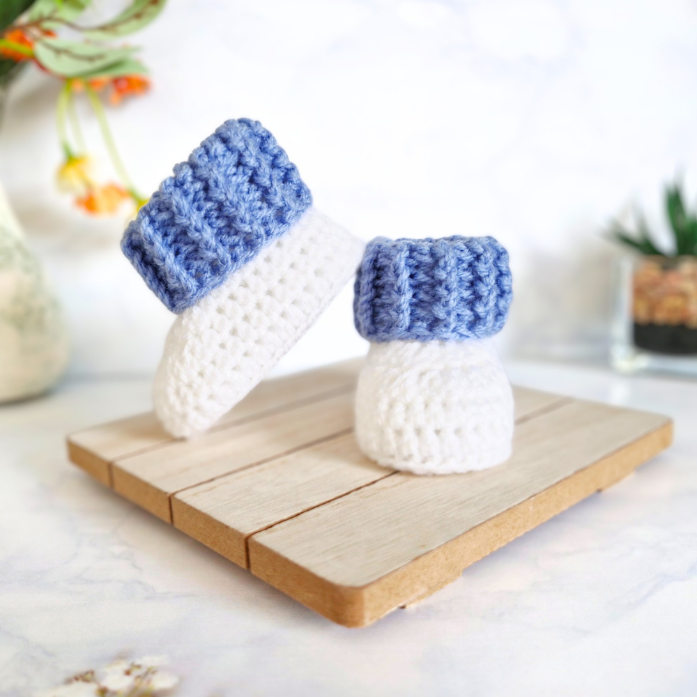 Handmade Crochet Cuffed Baby Booties – Newborn to 6 Months – Baby Booties crafted in soft acrylic yarn and available in multiple colours by Twisted by the Sea.