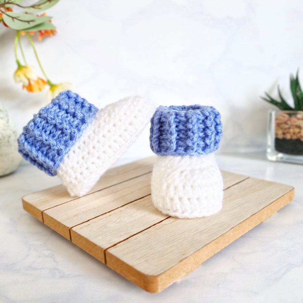 Handmade Crochet Cuffed Baby Booties – Newborn to 6 Months – Baby Booties crafted in soft acrylic yarn and available in multiple colours by Twisted by the Sea.