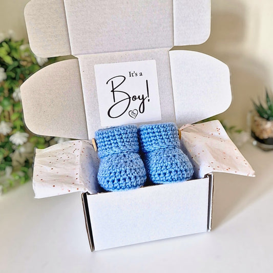 It's a Boy Gender Reveal Gift – Pregnancy Announcement with Crochet Baby Booties