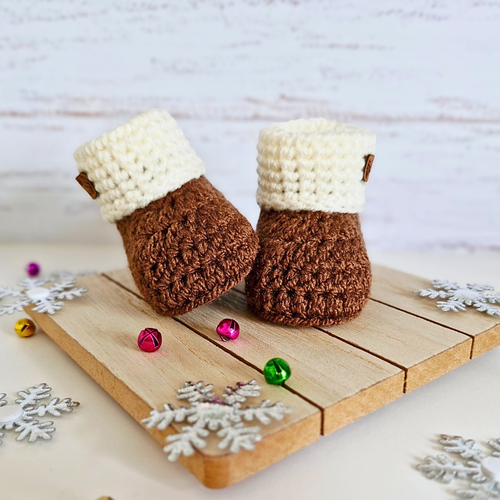 Handmade Handmade Crochet Baby Booties – My Little Pudding First Christmas Gift – Baby Booties crafted in soft acrylic yarn and available in multiple colours by Twisted by the Sea.
