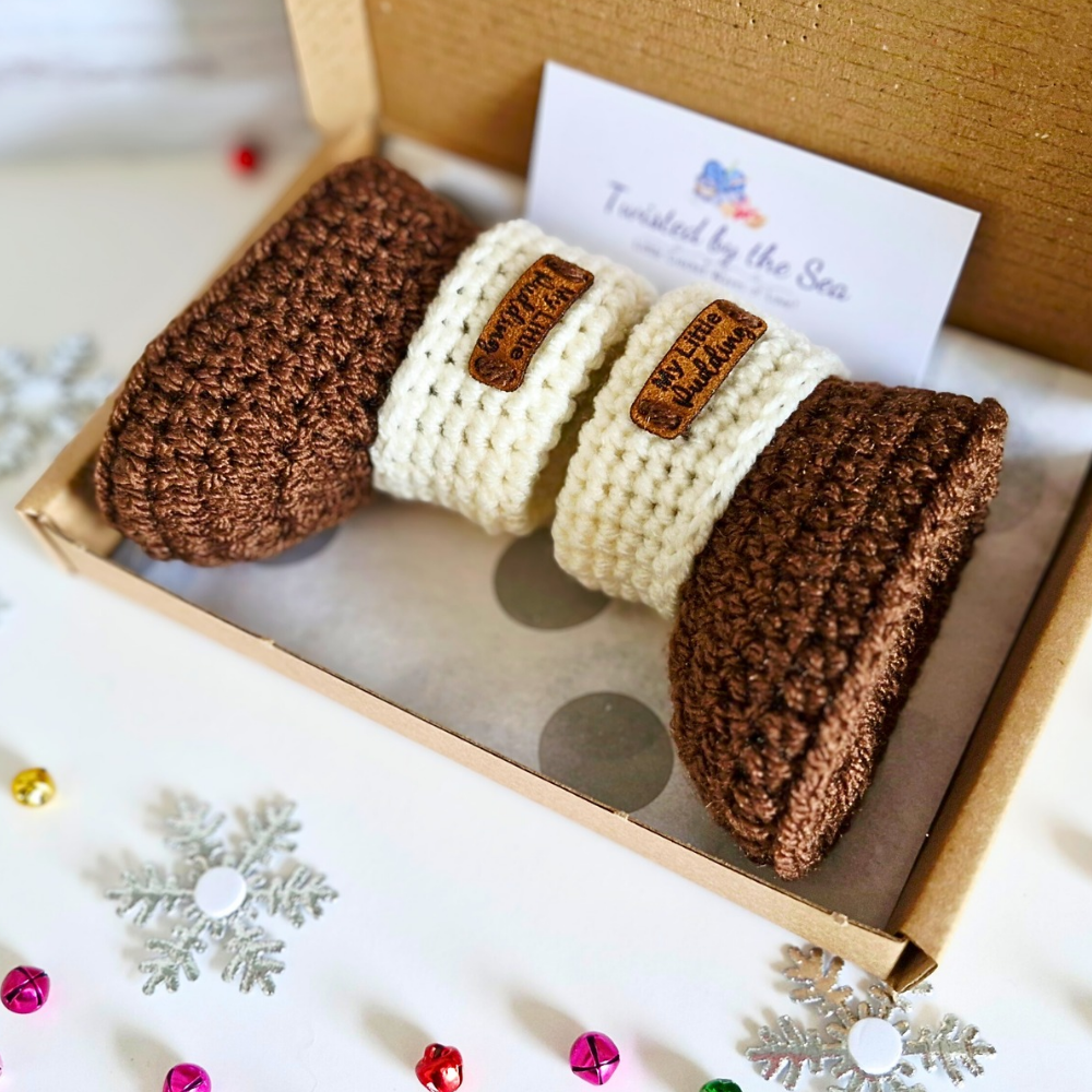 Handmade Handmade Crochet Baby Booties – My Little Pudding First Christmas Gift – Baby Booties crafted in soft acrylic yarn and available in multiple colours by Twisted by the Sea.