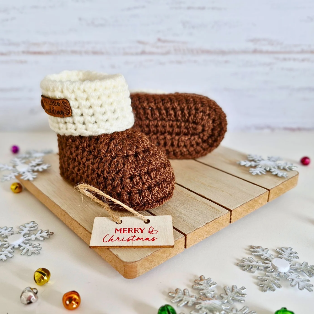 Handmade Handmade Crochet Baby Booties – My Little Pudding First Christmas Gift – Baby Booties crafted in soft acrylic yarn and available in multiple colours by Twisted by the Sea.