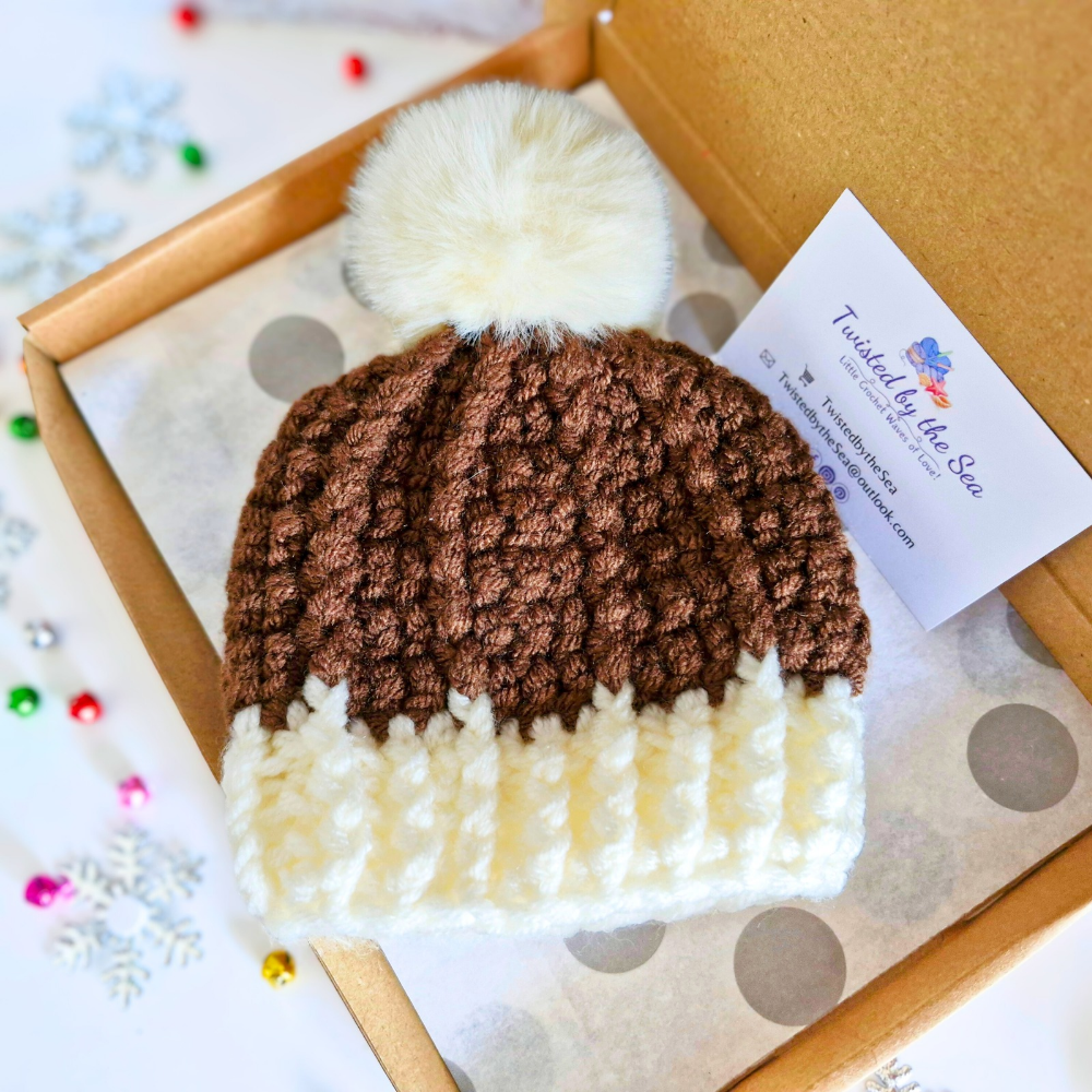 Handmade Crochet Christmas Baby Gift Set – Pudding Hat & Booties for Newborn to 6 Months – Hat and Bootie Set crafted in soft acrylic yarn and available in multiple colours by Twisted by the Sea.