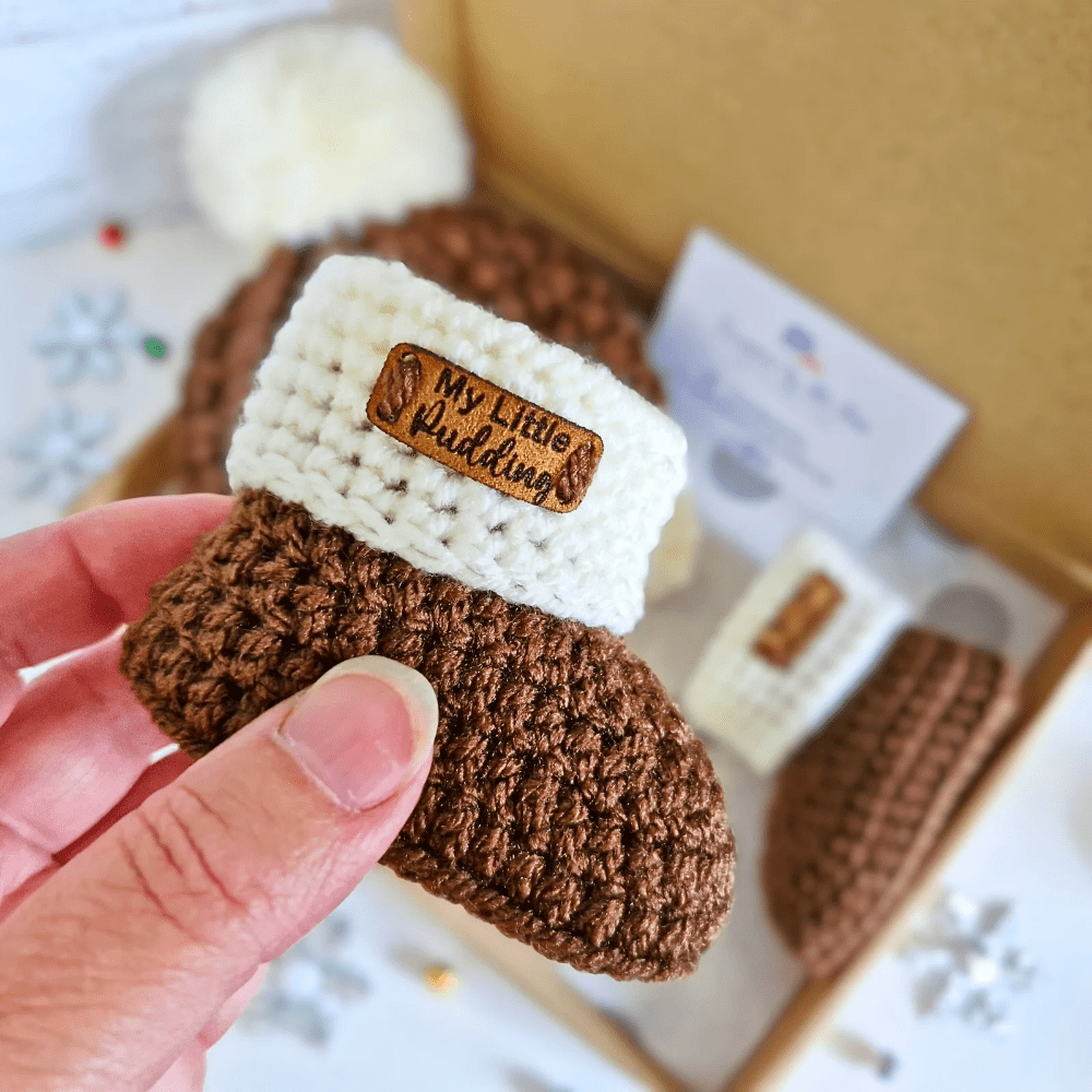Crochet Christmas Baby Gift Set – Pudding Hat & Booties for Newborn to 6 Months - Twisted by the Sea