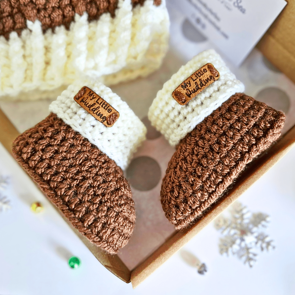 Crochet Christmas Baby Gift Set – Pudding Hat & Booties for Newborn to 6 Months - Twisted by the Sea
