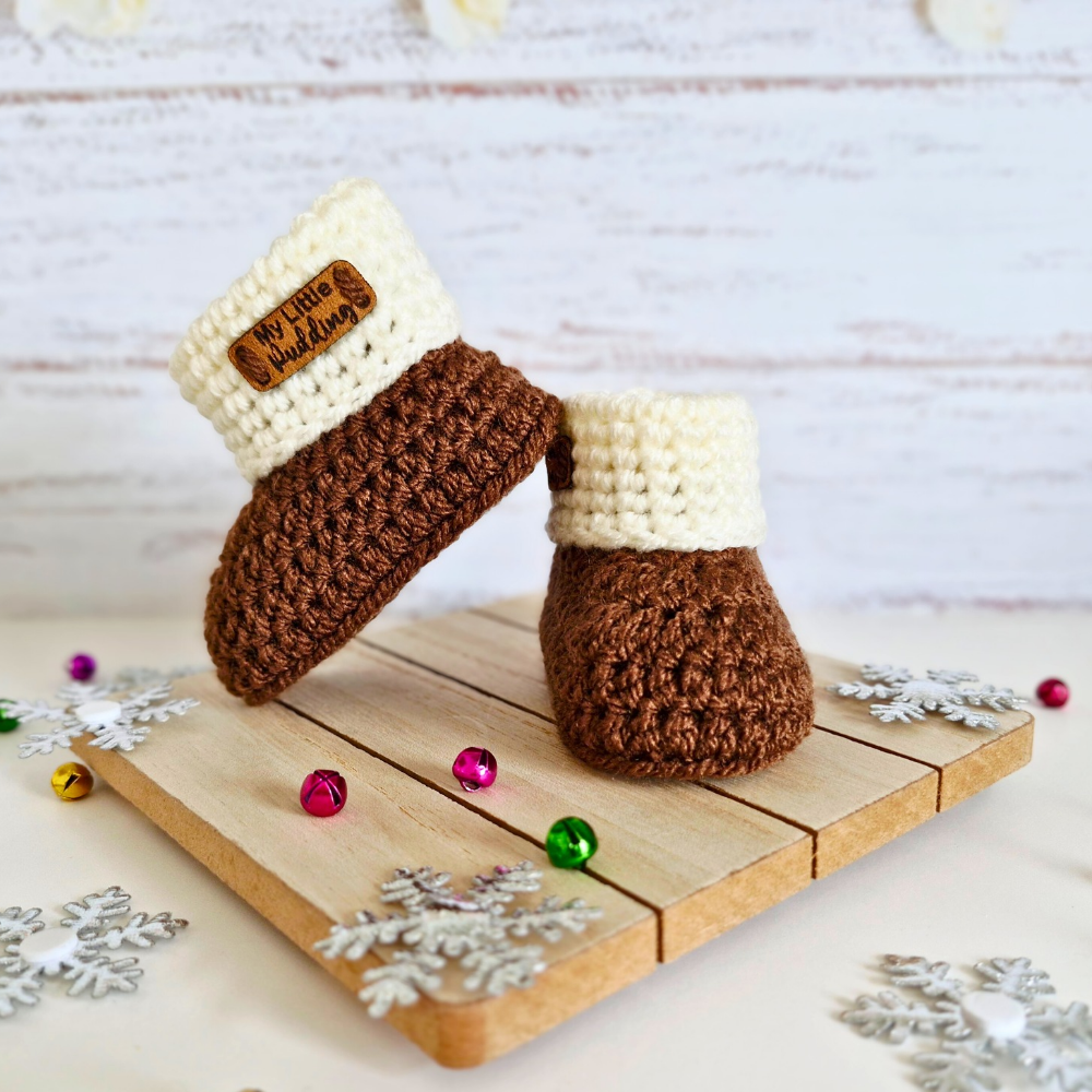 Handmade Handmade Crochet Baby Booties – My Little Pudding First Christmas Gift – Baby Booties crafted in soft acrylic yarn and available in multiple colours by Twisted by the Sea.