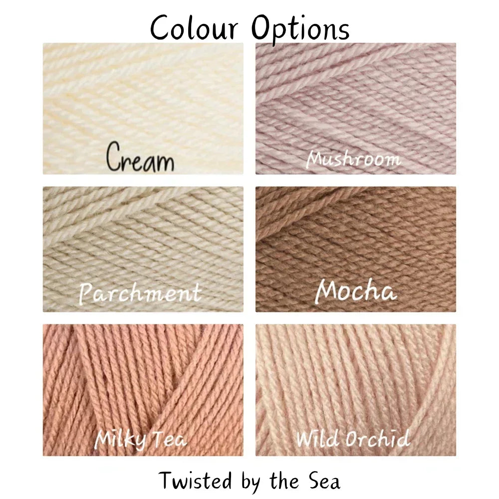 Six yarn color swatches labeled Cream, Mushroom, Parchment, Mocha, Milky Tea, and Wild Orchid by Twisted by the Sea