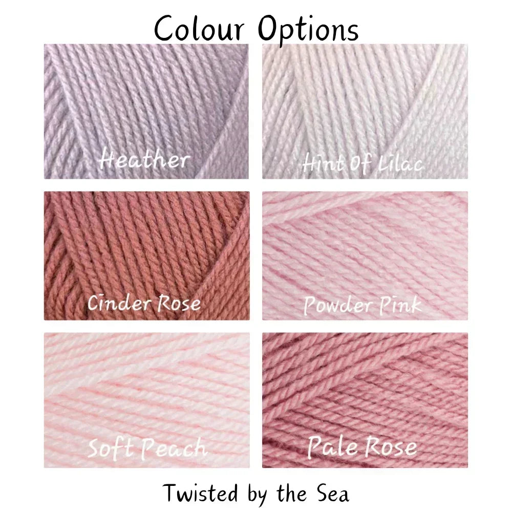 Colour options of soft yarn in six shades: Heather, Hint of Lilac, Cinder Rose, Powder Pink, Soft Peach, Pale Rose