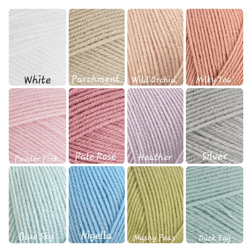A color options chart for yarn from Twisted by the Sea, showing a 4x3 grid of 12 different yarn color samples including shades of pink, purple, cream, peach, and brown, with names like 'Heather', 'Cream', and 'Mocha' written on each swatch.