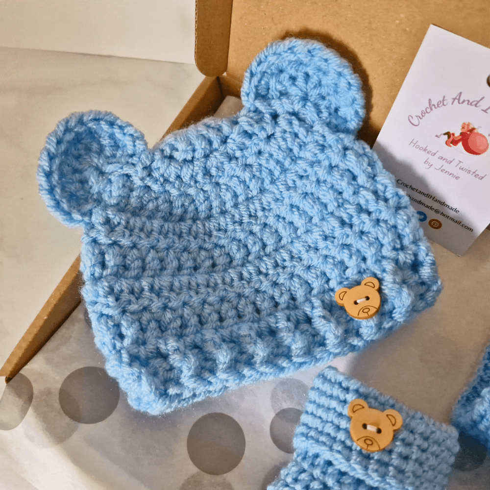 Teddy Bear Crochet Hat and Bootie Set – Handmade Baby Gift - Twisted by the Sea