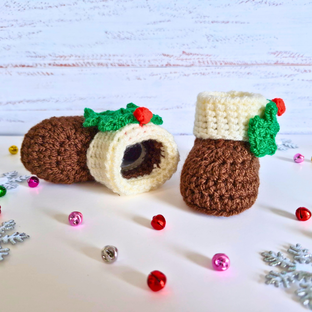 Handmade Christmas Pudding Baby Booties – Handmade Crochet Gift for Newborns – Baby Booties crafted in soft acrylic yarn and available in multiple colours by Twisted by the Sea.