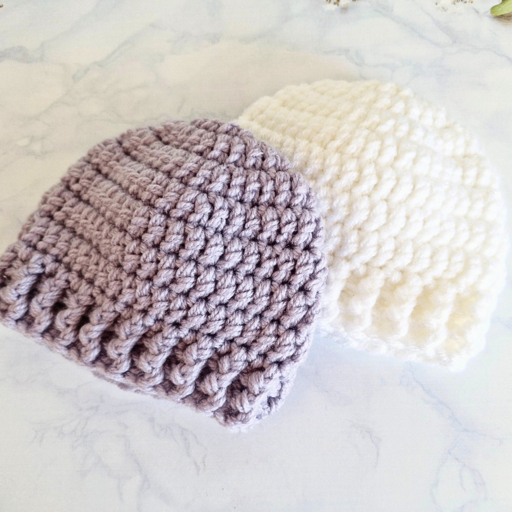 Handmade Crochet Baby Beanie Hat – Handmade, Sizes Newborn to 12 Months – Beanie Hat crafted in soft acrylic yarn and available in multiple colours by Twisted by the Sea.