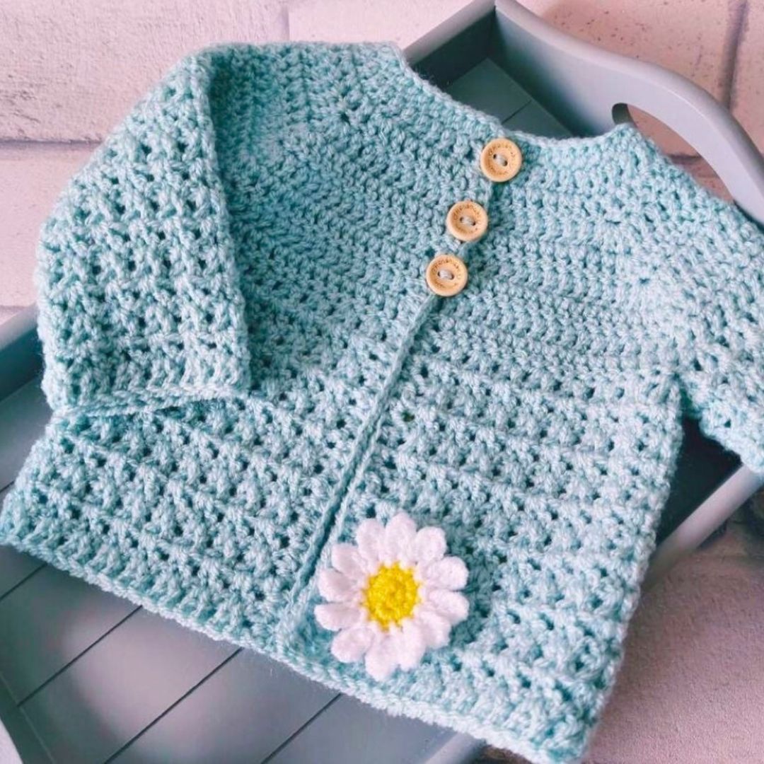 Handmade Crochet Hat and Cardigan Daisy Set, Newborn to 12 Months – Hat and Cardigan Set crafted in soft acrylic yarn and available in multiple colours by Twisted by the Sea.