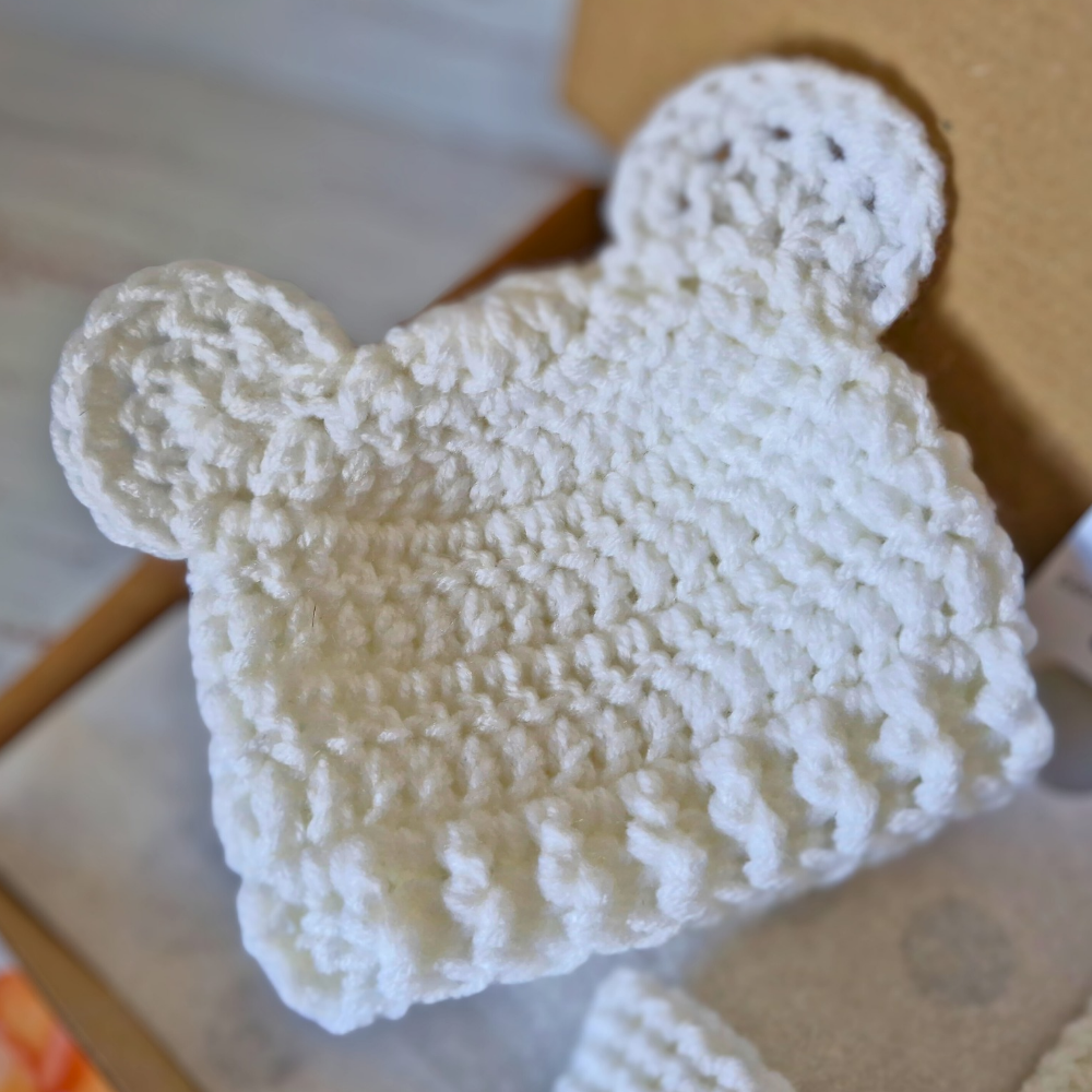 Handmade Handmade Crochet Teddy Bear Baby Hat – Newborn to 6 Months, Soft & Cosy Beanie – Beanie Hat crafted in soft acrylic yarn and available in multiple colours by Twisted by the Sea.
