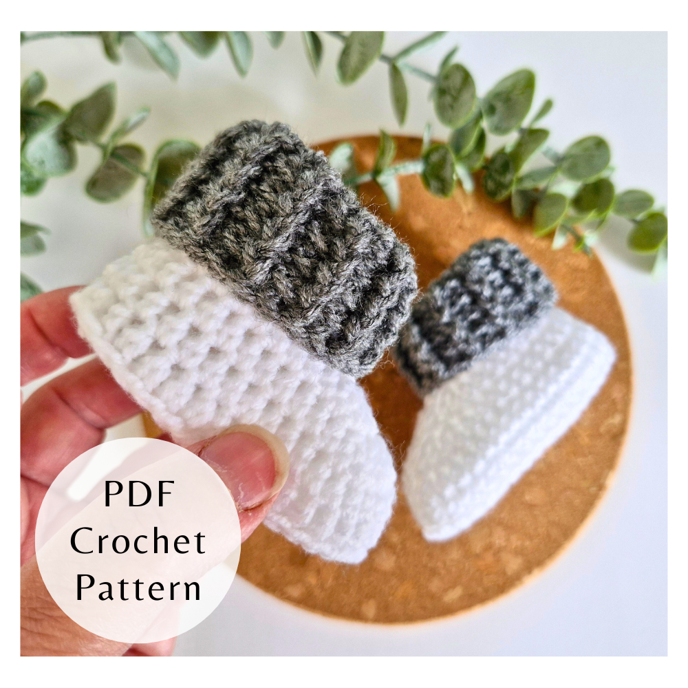 Handmade PDF Crochet Pattern Baby Booties With Ridged Cuff (Instant Download) – PDF pattern crafted in soft acrylic yarn and available in multiple colours by Twisted by the Sea.