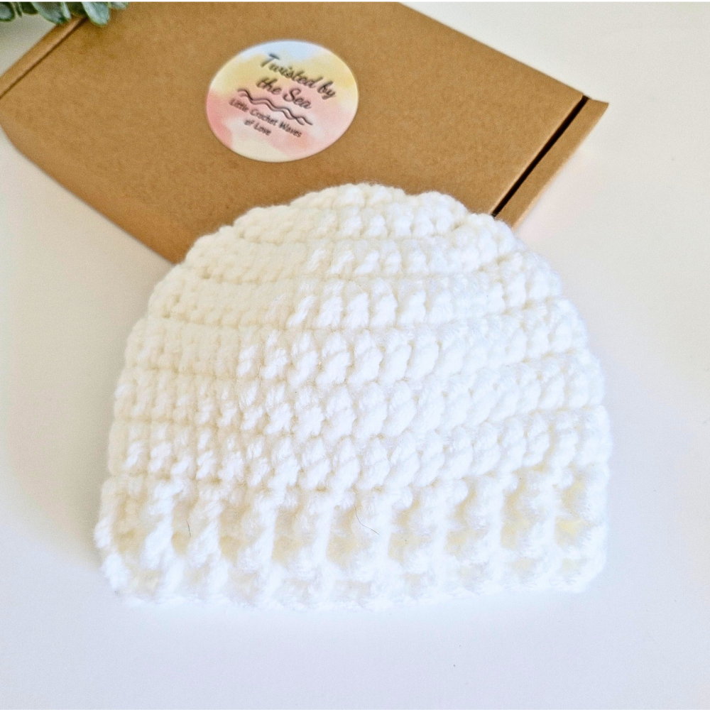 Handmade Crochet Baby Beanie Hat – Handmade, Sizes Newborn to 12 Months – Beanie Hat crafted in soft acrylic yarn and available in multiple colours by Twisted by the Sea.