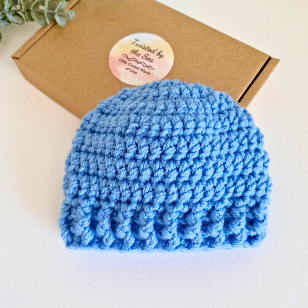 Handmade Crochet Baby Beanie Hat – Handmade, Sizes Newborn to 12 Months – Beanie Hat crafted in soft acrylic yarn and available in multiple colours by Twisted by the Sea.