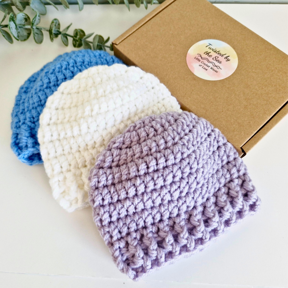 Handmade Crochet Baby Beanie Hat – Handmade, Sizes Newborn to 12 Months – Beanie Hat crafted in soft acrylic yarn and available in multiple colours by Twisted by the Sea.