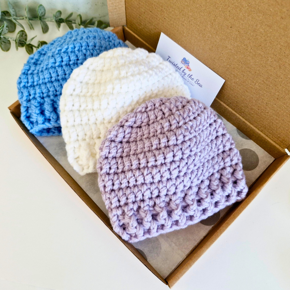 Handmade Crochet Baby Beanie Hat – Handmade, Sizes Newborn to 12 Months – Beanie Hat crafted in soft acrylic yarn and available in multiple colours by Twisted by the Sea.
