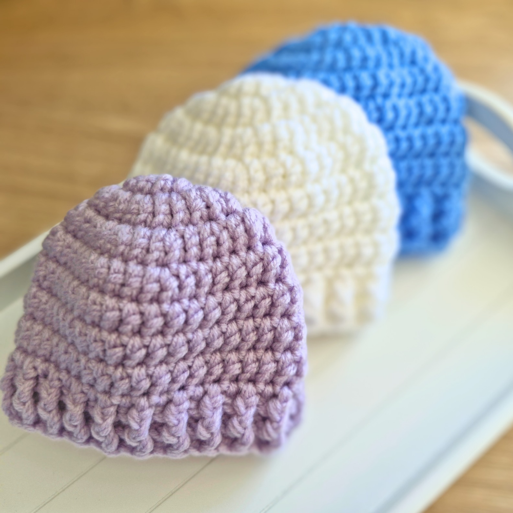 Handmade Crochet Baby Beanie Hat – Handmade, Sizes Newborn to 12 Months – Beanie Hat crafted in soft acrylic yarn and available in multiple colours by Twisted by the Sea.