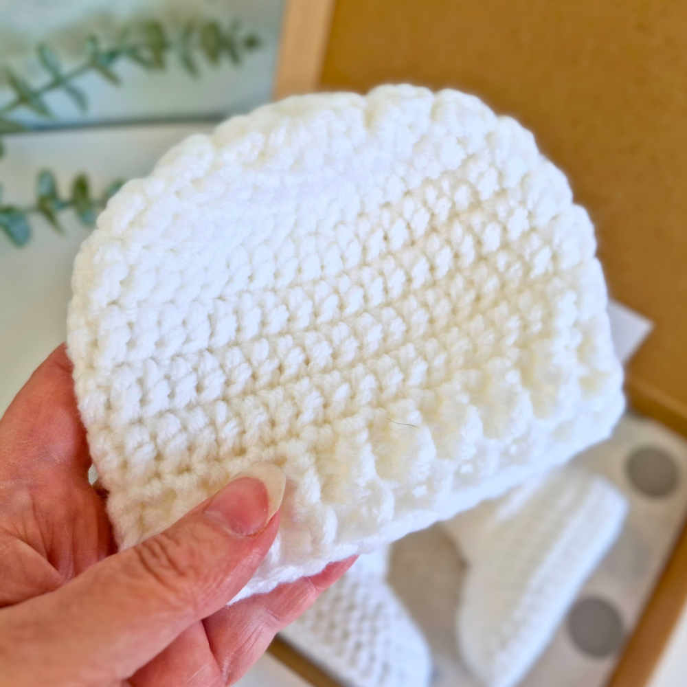 Handmade Crochet Baby Beanie Hat – Handmade, Sizes Newborn to 12 Months – Beanie Hat crafted in soft acrylic yarn and available in multiple colours by Twisted by the Sea.