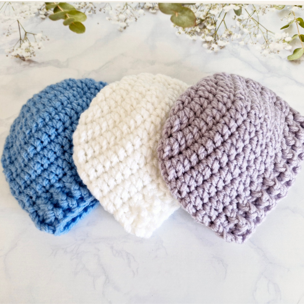 Handmade Crochet Baby Beanie Hat – Handmade, Sizes Newborn to 12 Months – Beanie Hat crafted in soft acrylic yarn and available in multiple colours by Twisted by the Sea.