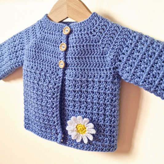 Crochet Daisy Baby Cardigan – 3-6 Months Blue - Twisted by the Sea