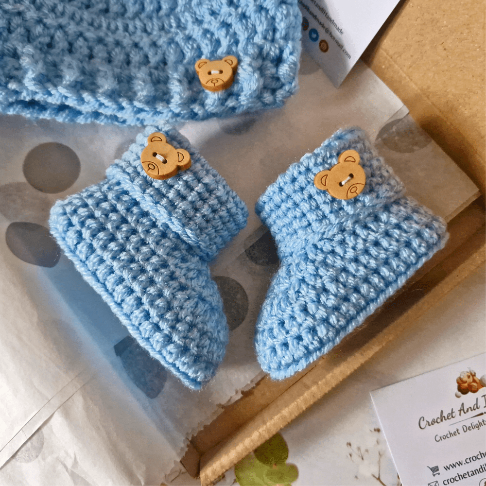 Teddy Bear Crochet Hat and Bootie Set – Handmade Baby Gift - Twisted by the Sea