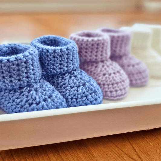 Handmade Crochet Baby Booties with ‘How Cute Are You?’ Wooden Buttons - Twisted by the Sea