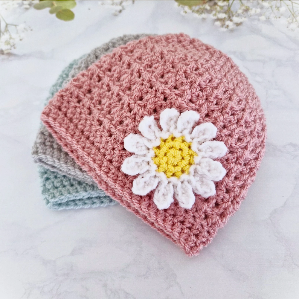 Handmade Infant Daisy Beanie Hat, Sizes 12 to 24 Months – Beanie Hat crafted in soft acrylic yarn and available in multiple colours by Twisted by the Sea.