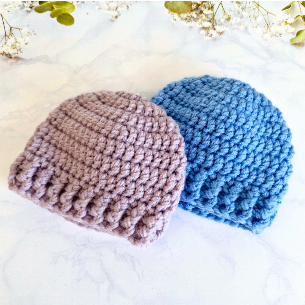 Handmade Crochet Baby Beanie Hat – Handmade, Sizes Newborn to 12 Months – Beanie Hat crafted in soft acrylic yarn and available in multiple colours by Twisted by the Sea.