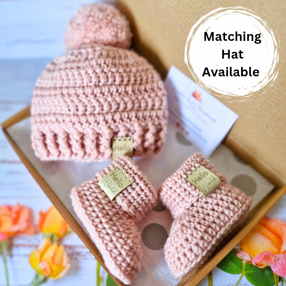 Handmade Hello World Crochet Baby Booties – Handmade 0-6 Months Gift – Baby Booties crafted in soft acrylic yarn and available in multiple colours by Twisted by the Sea.