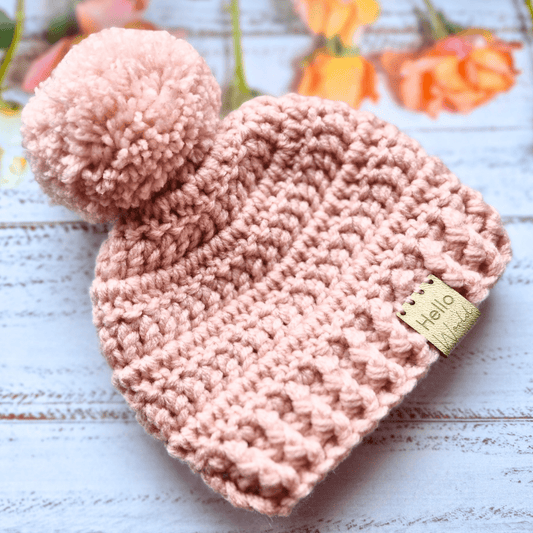 Hello World Chunky Crochet Pom-Pom Baby Hat – Handmade Winter Beanie - Twisted by the Sea