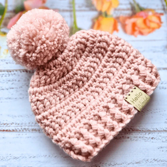 Hello World Chunky Crochet Pom-Pom Baby Hat – Handmade Winter Beanie - Twisted by the Sea